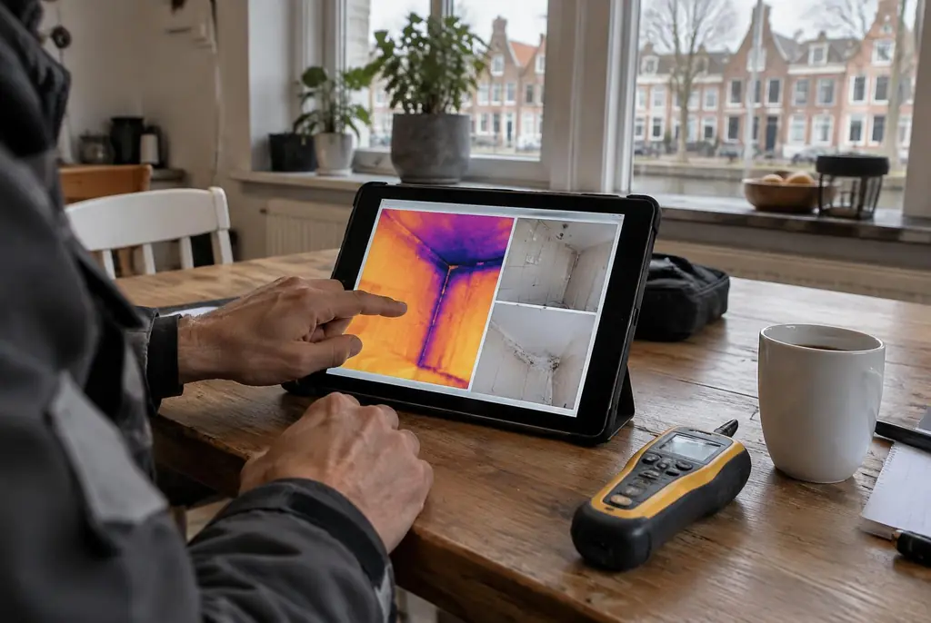 Lekdetectie Hoenderloo – lekdetectierapport met warmtebeelden en foto's op een tablet