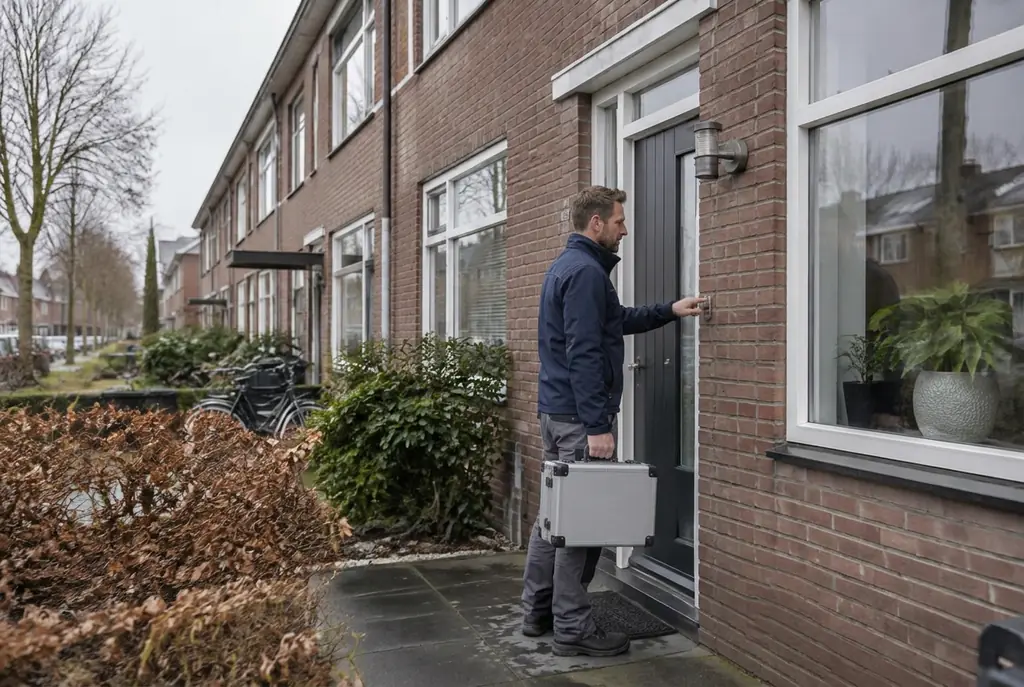 Lekdetectiespecialist met meetkoffer bij de voordeur van een woning in Hoenderloo